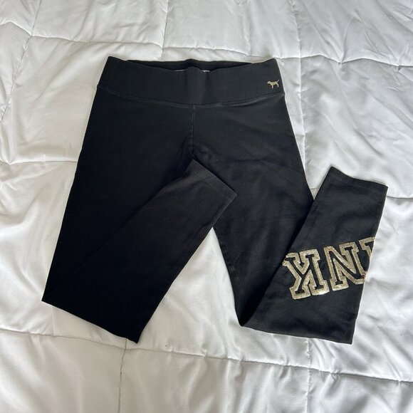 Victorias Secret VS Pink Yoga Pants Black Gold Sequence Womens Medium M - Picture 1 of 8